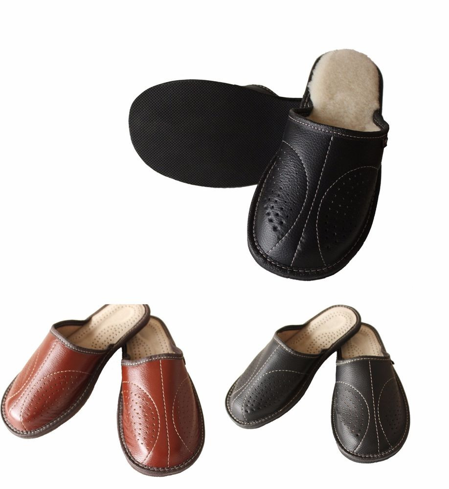 Mens Leather Bedroom Slippers
 Mens Leather Slip Sandals Scuff Slippers Shoes Black