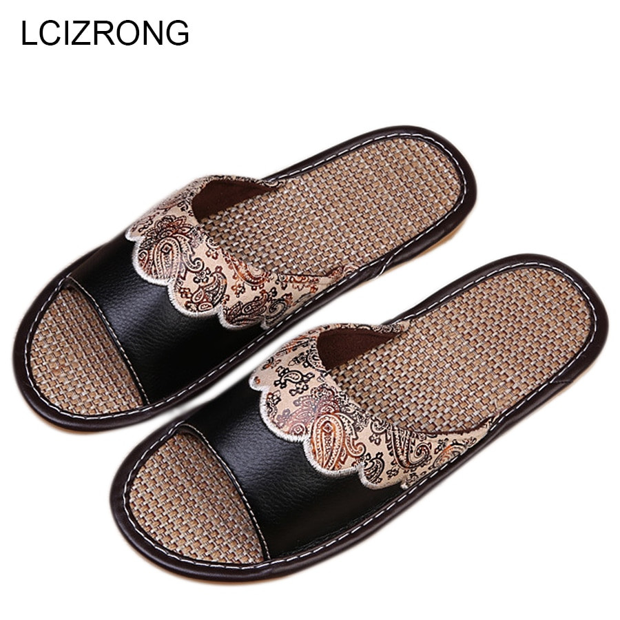Mens Leather Bedroom Slippers
 LCIZRONG Autumn Couple Leather Flax Home Slippers Men