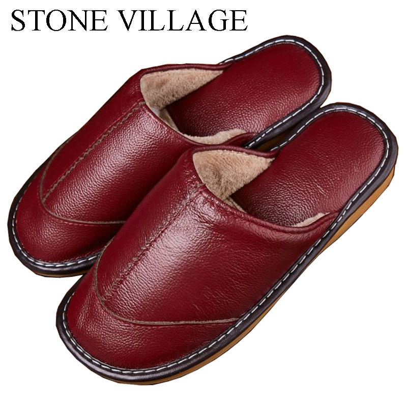 Mens Leather Bedroom Slippers
 Autumn Winter Indoor Anti Skid Family Bedroom Floor