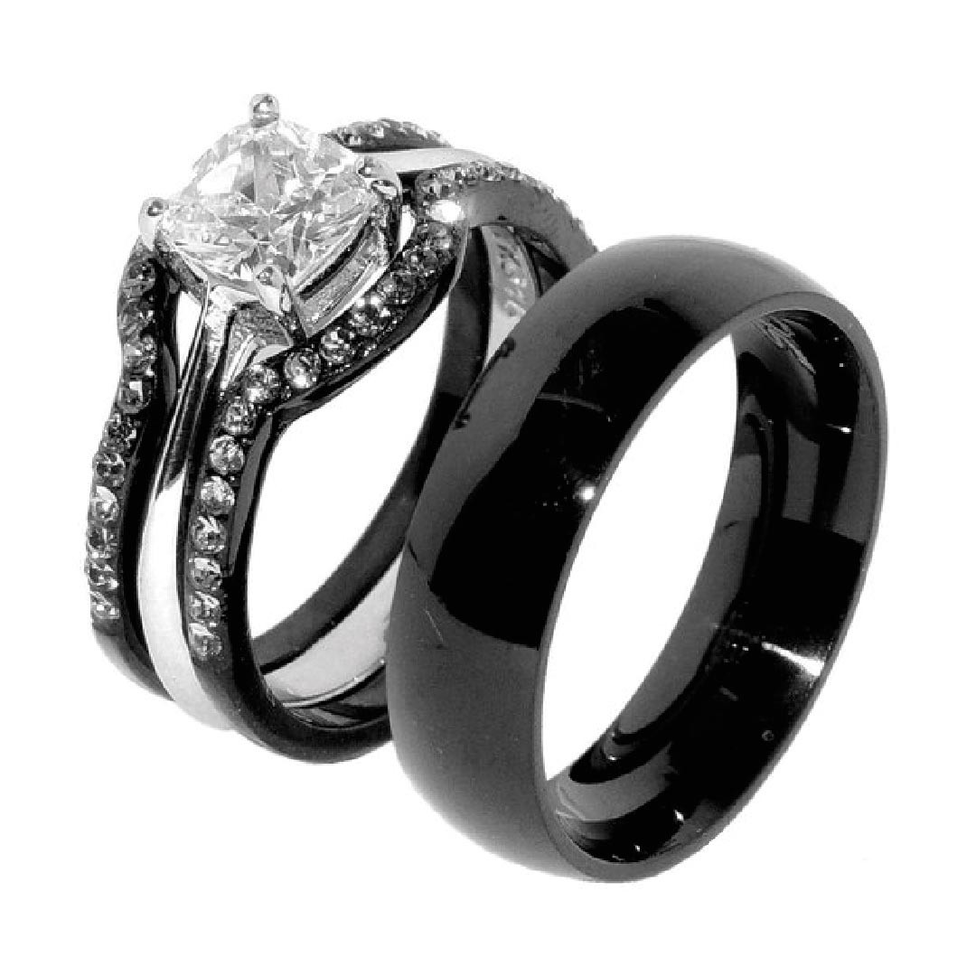 Mens Wedding Rings Black
 His & Hers 4 PCS Black IP Stainless Steel Wedding Ring Set