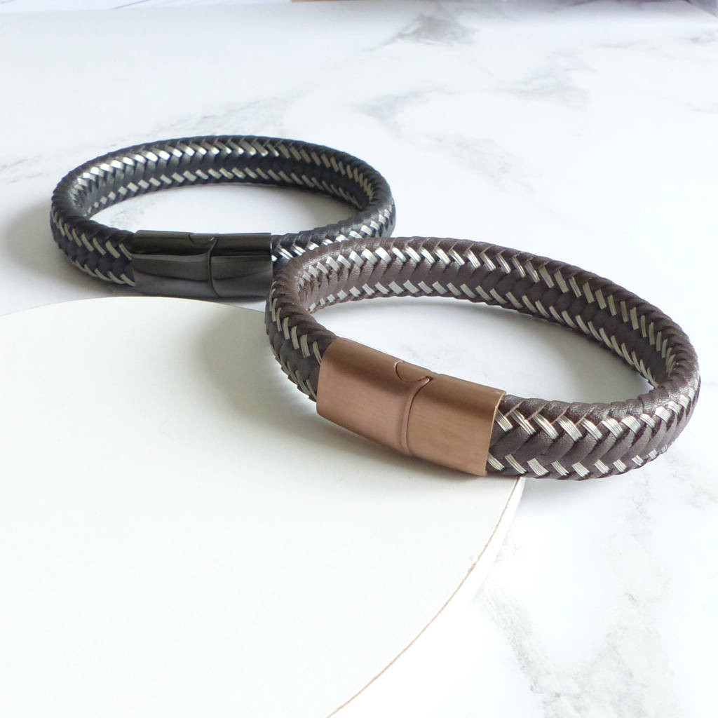 Mens Woven Bracelets
 mens woven leather steel bracelet by evy designs