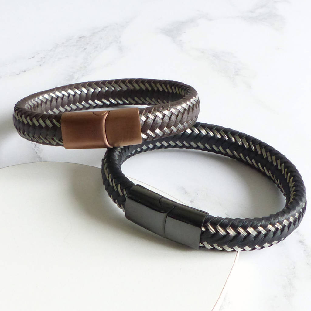 Mens Woven Bracelets
 mens woven leather steel bracelet by evy designs