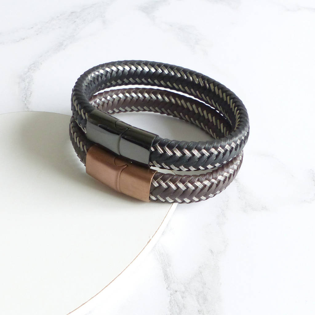 Mens Woven Bracelets
 mens woven leather steel bracelet by evy designs