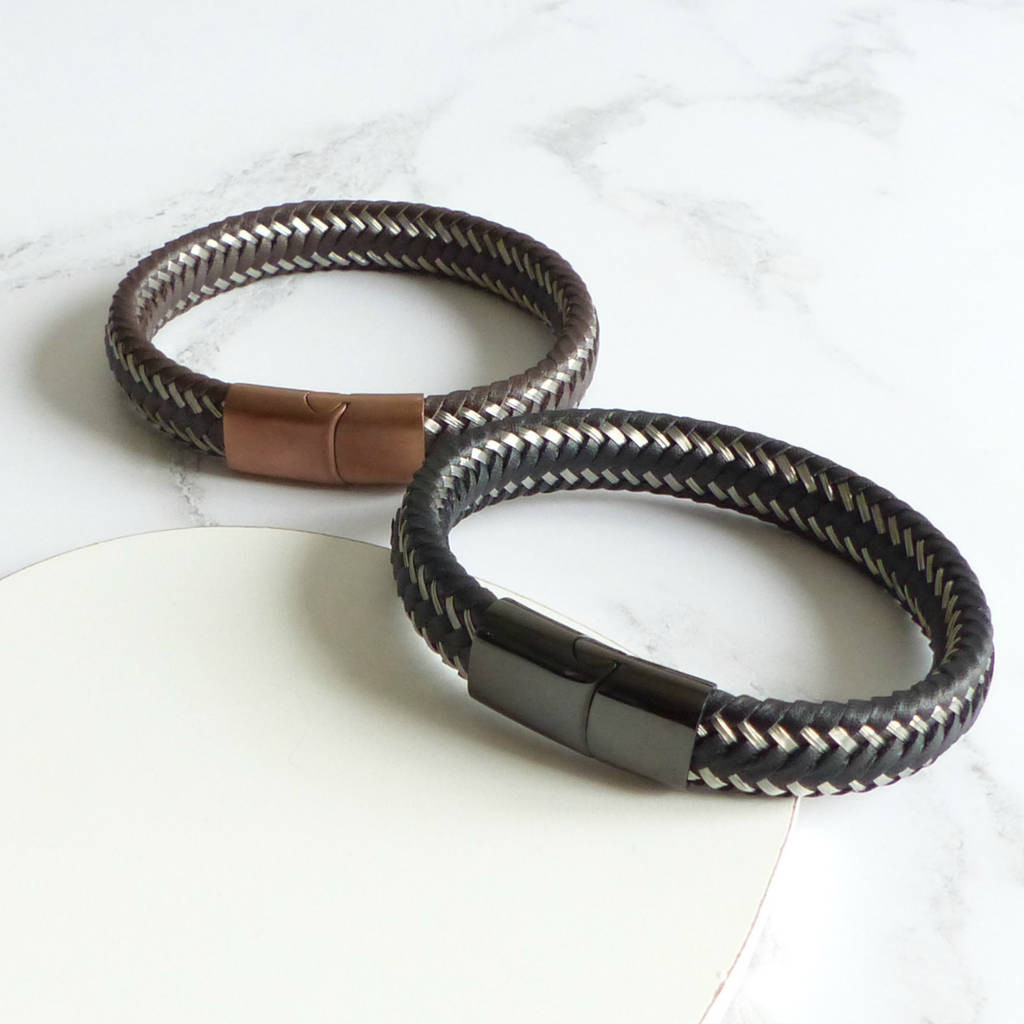 Mens Woven Bracelets
 mens woven leather steel bracelet by evy designs