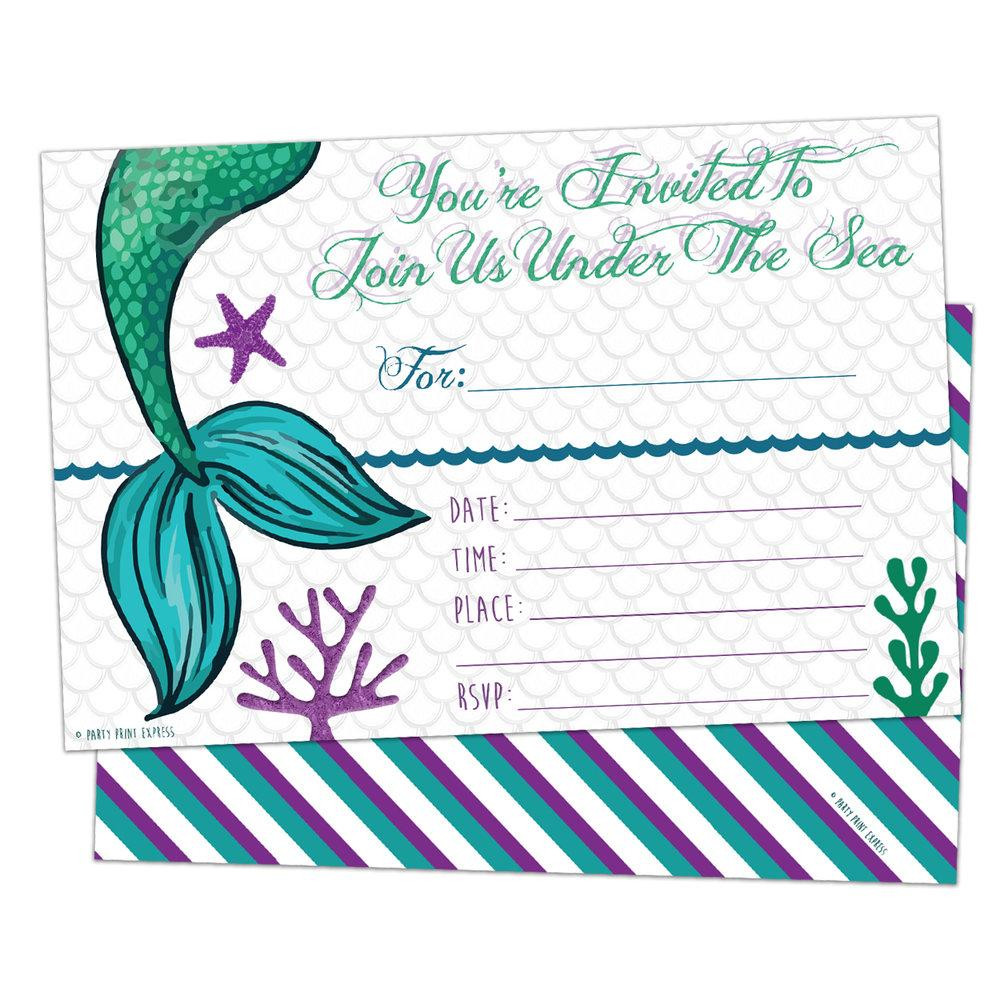 Mermaid Birthday Party Invitations
 Printed Fill In Blank Mermaid Birthday Invitations