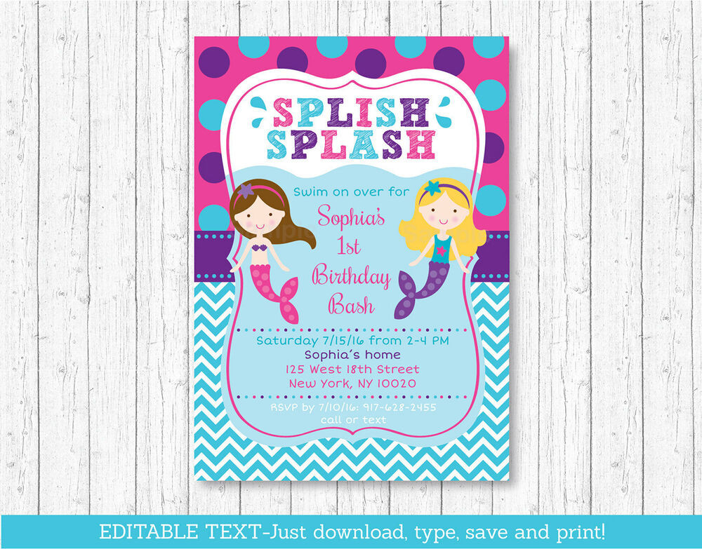 Mermaid Birthday Party Invitations
 Mermaid Pool Party Birthday Invitation Printable Editable