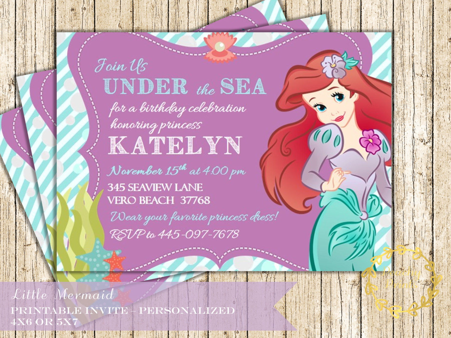 Mermaid Birthday Party Invitations
 Ariel Little Mermaid Birthday Invitation Under by