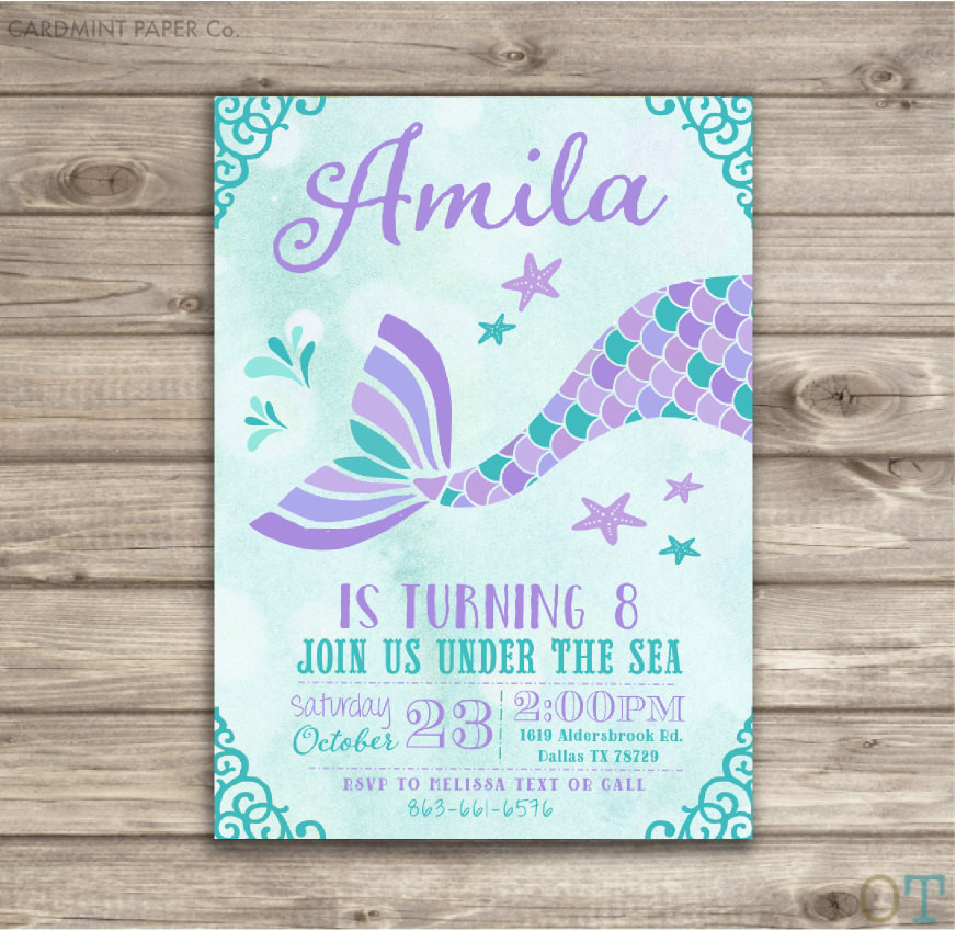 Mermaid Birthday Party Invitations
 Mermaid Birthday Invitations Teal Aqua and Purple Little