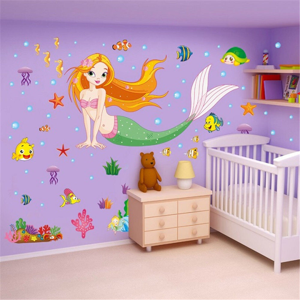 Mermaid Decor For Kids Room
 Mermaid Cartoon Removable Decals Wall Stickers Mural Art