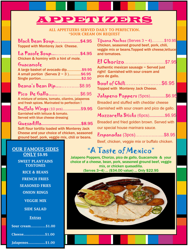 Mexican Restaurant Appetizers
 Beana s Mexican Restaurant Rahway N J Menu