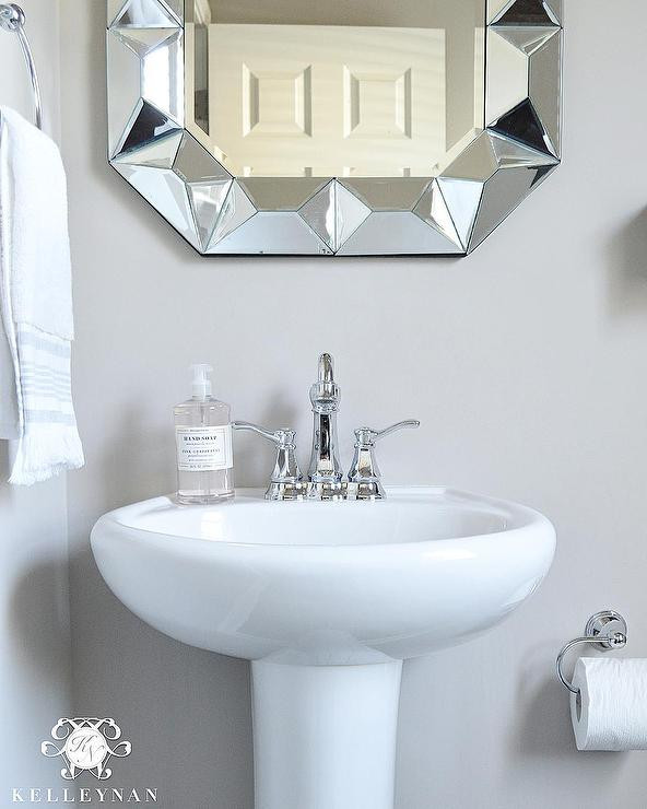 Mirrors Over Bathroom Sinks
 Powder Room Pedestal Sink with Geometric Mirror