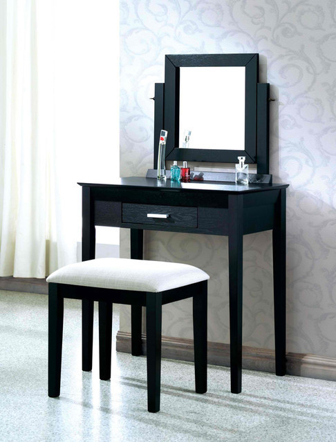 Modern Bedroom Vanity
 Black Grain Veneer 2Pcs Vanity Set Grey Fabric Stool by