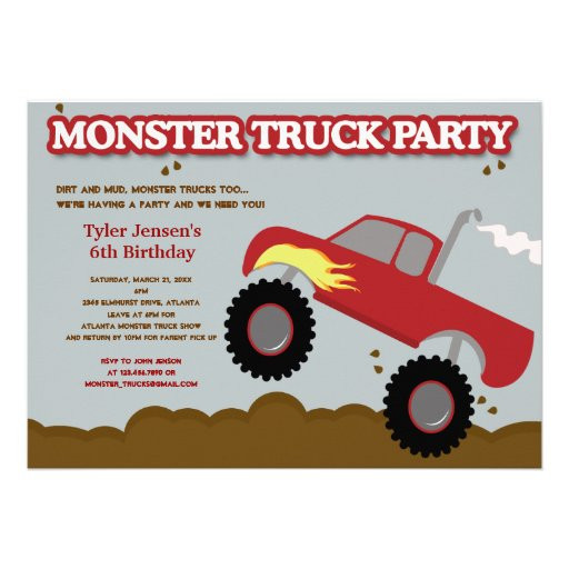 Monster Truck Birthday Party Invitations
 Monster Truck Birthday Party Red Gray Colors 5x7 Paper