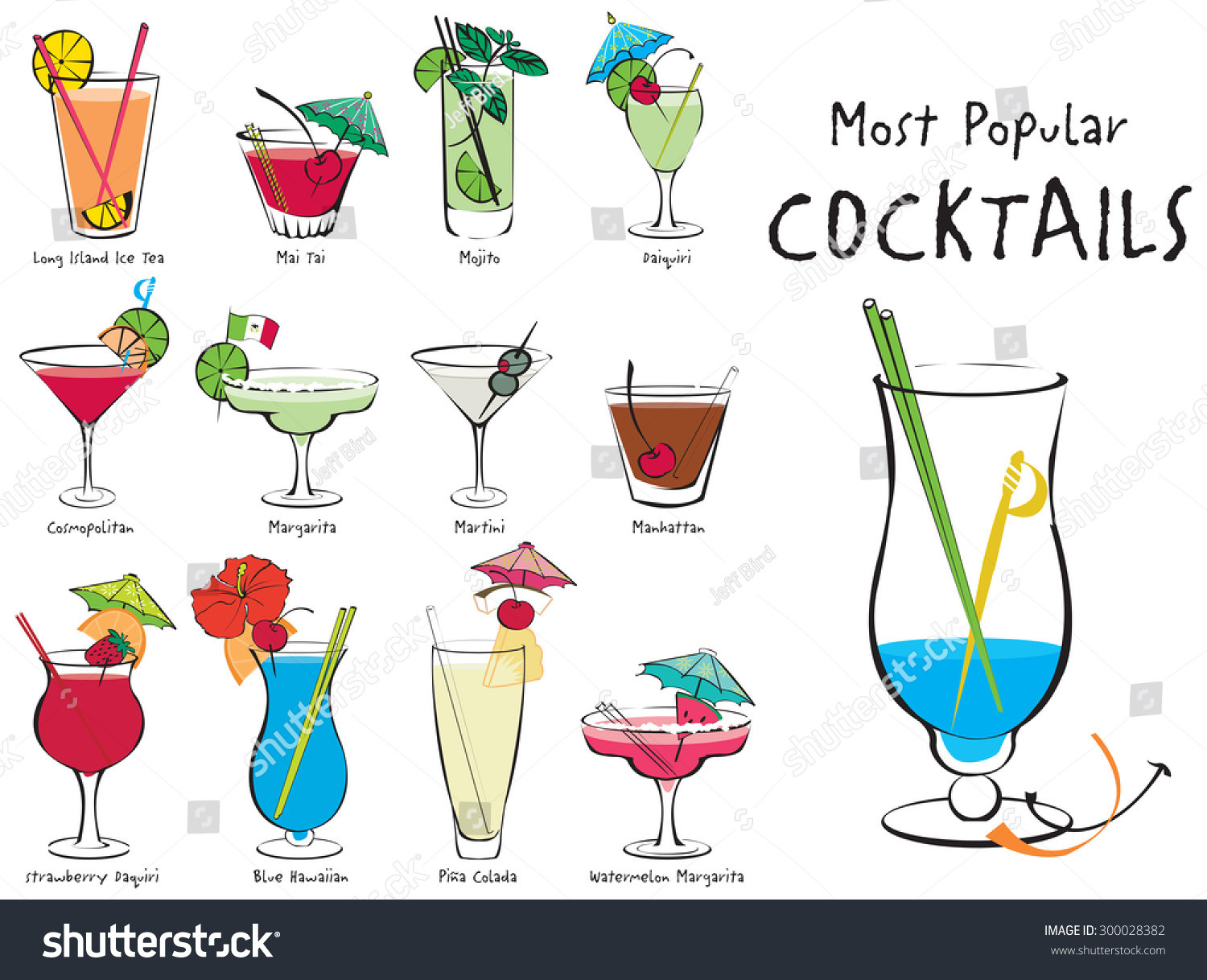 Most Popular Cocktails
 Colorful Vector Illustration The Most Popular Cocktails