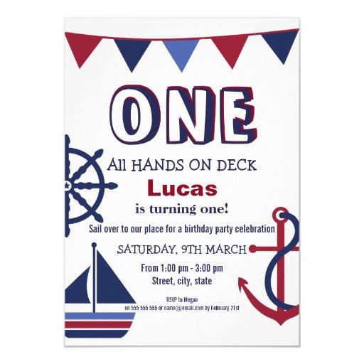 Nautical First Birthday Invitations
 Red & Blue Boys First Birthday Nautical Invitation