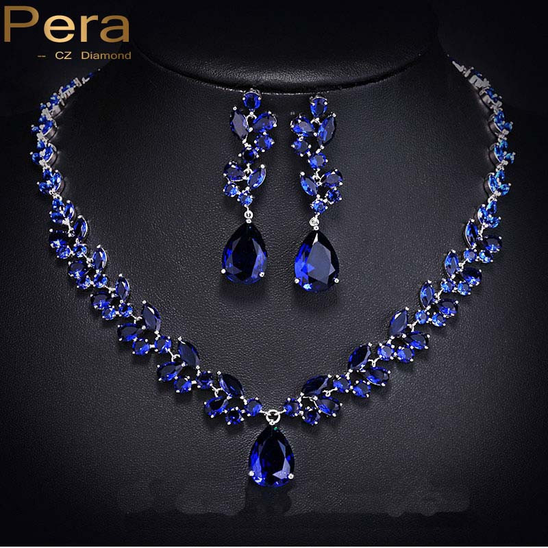 Necklace Earring Sets
 Pera Luxury Silver Color Wedding Jewelry Long Dangling