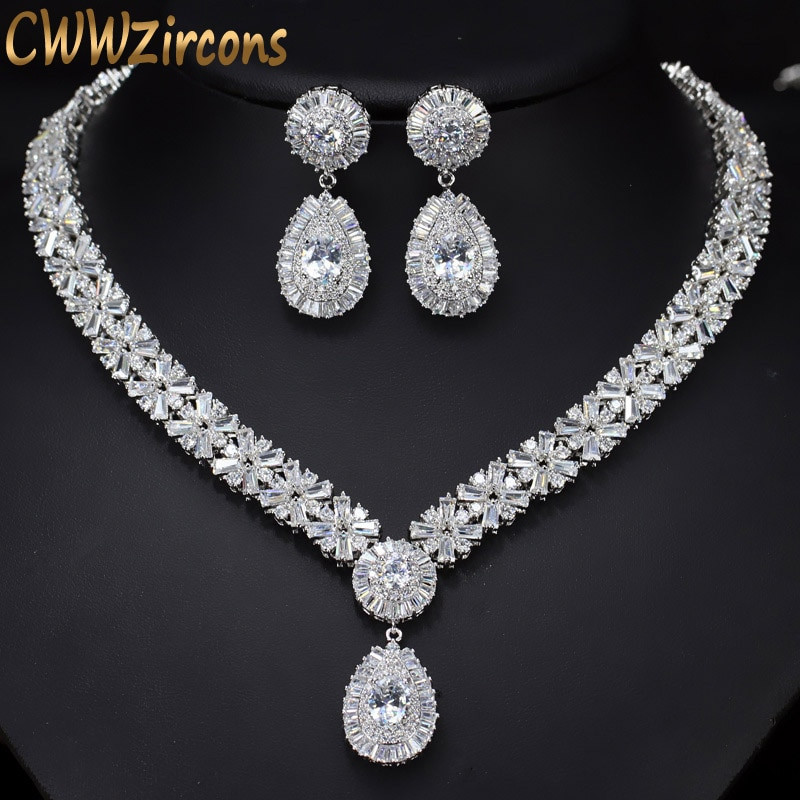 Necklace Earring Sets
 CWWZircons White Gold Color Luxury Bridal CZ Crystal