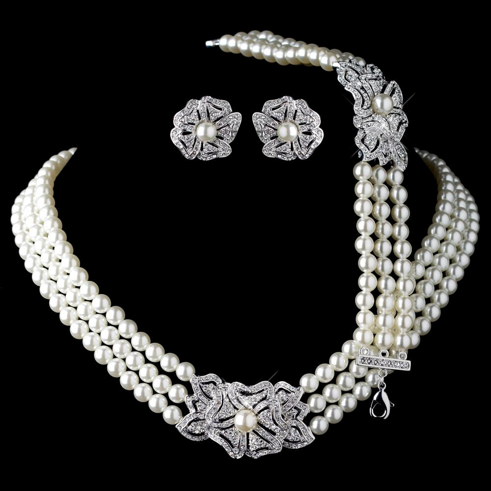 Necklace Earring Sets
 Elegant Rhodium Silver Tone Ivory Pearl & Rhinestone