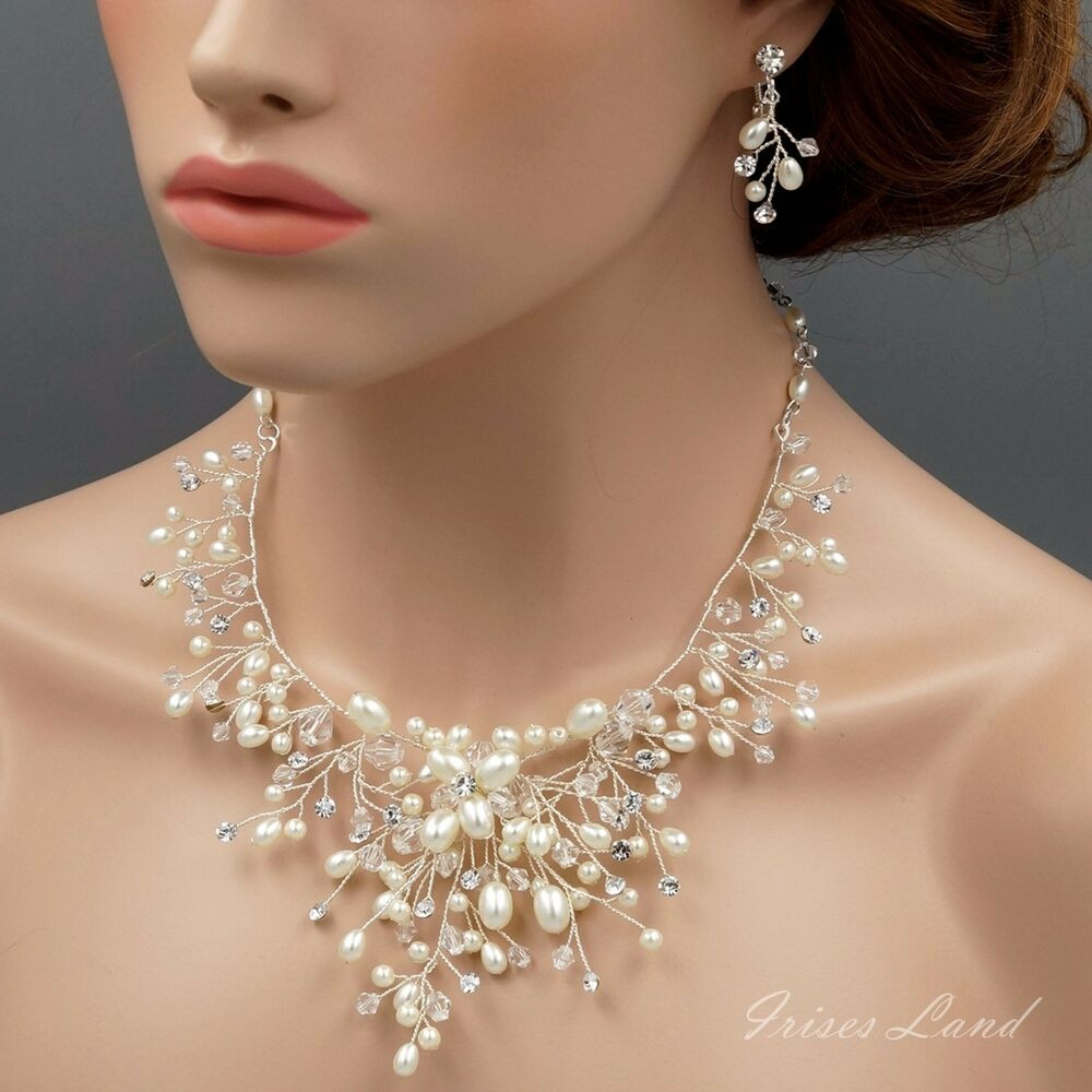 Necklace Earring Sets
 Pearl Crystal Wire Wrapped Necklace Earrings Bridal