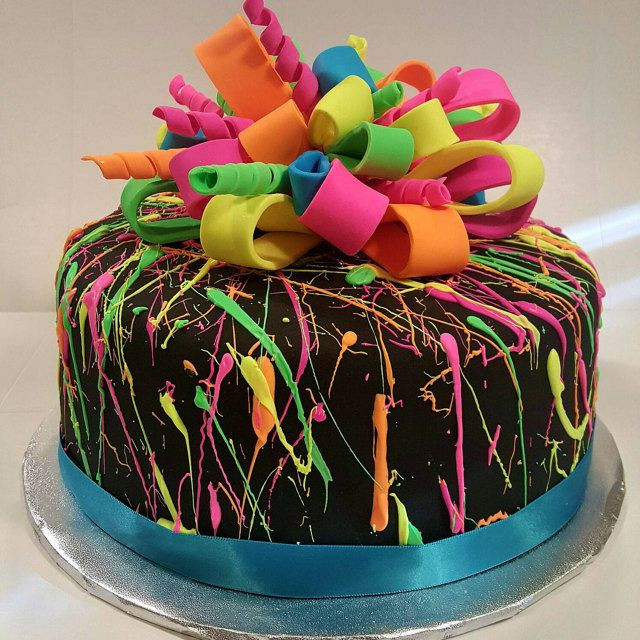 Neon Birthday Cake
 Neon splatter cake black fondant with white chocolate
