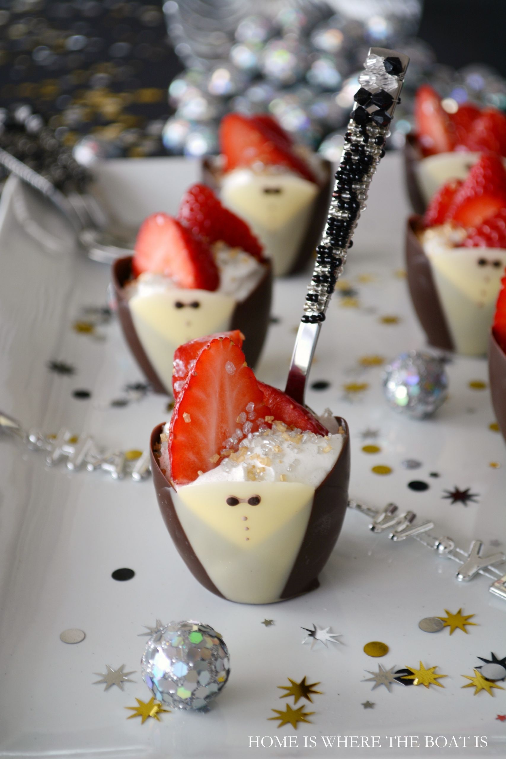 New Year Day Dessert Traditions
 Happy New Year Chocolate Tuxedo Cups with Strawberries