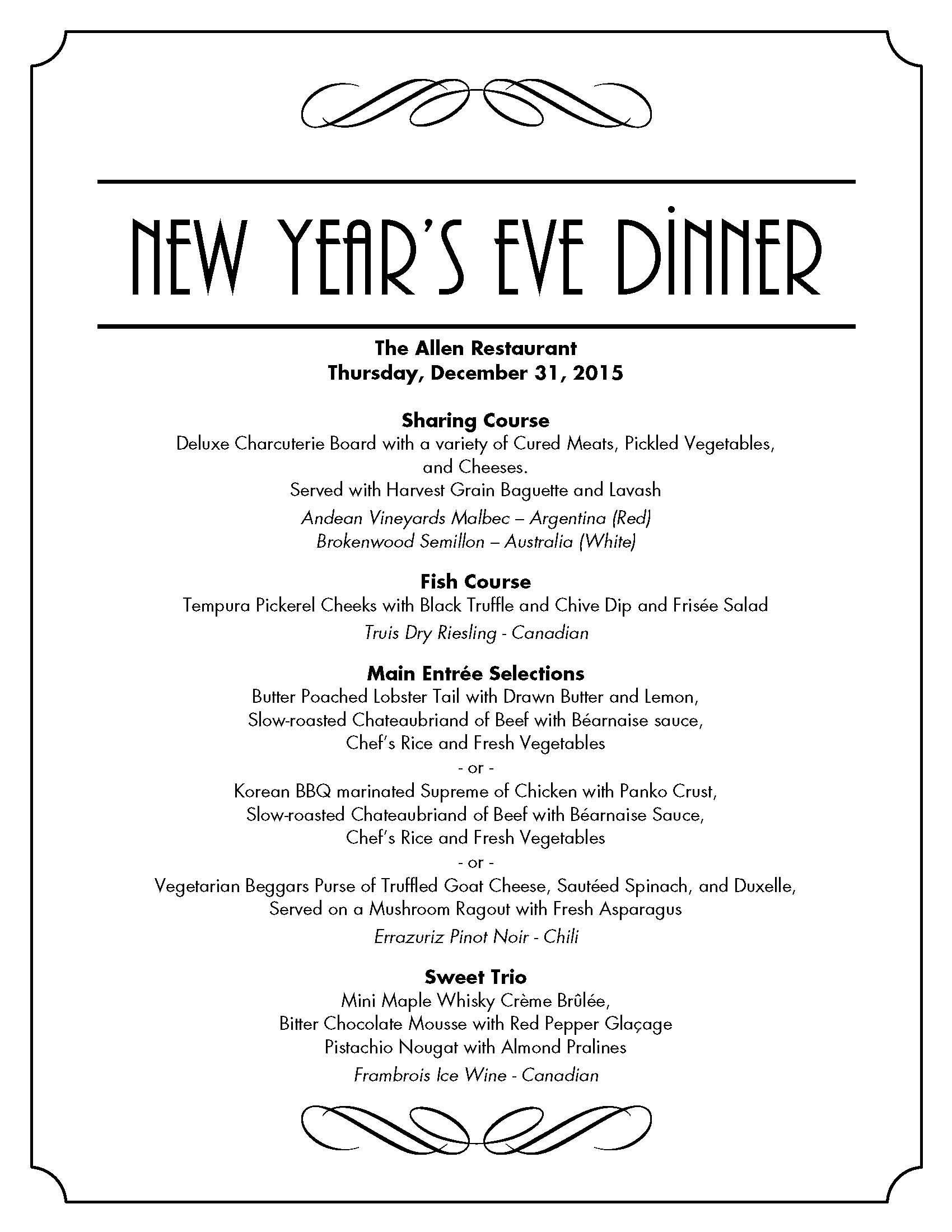 New Year Day Dinner Menu
 New Years Eve Dinner at The Allen Restaurant