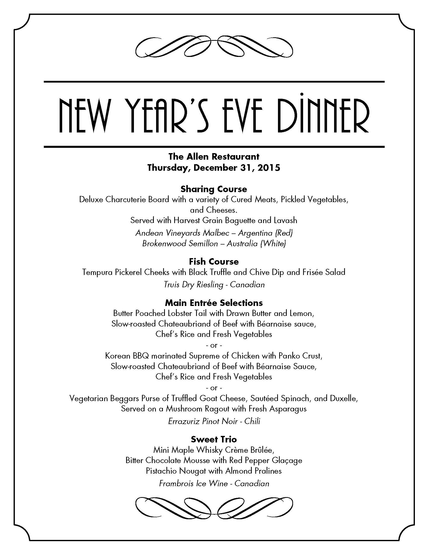 New Years Dinner Menue
 New Years Eve Dinner at The Allen Restaurant