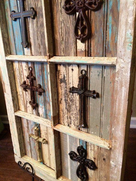 Old Wooden Windows Craft Ideas
 Rustic Crosses Placed on Salvaged Antique Window by