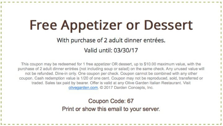 Olive Garden Free Appetizer Coupon
 Olive Garden Coupons for 2017