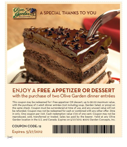 Olive Garden Free Appetizer Coupon
 Free App or Dessert at Olive Garden w purchase of 2