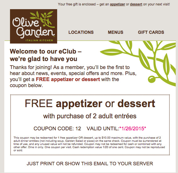 Olive Garden Free Appetizer Coupon
 Olive garden coupons printable free appetizer