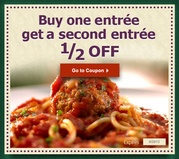 Olive Garden Free Appetizer Coupon
 OLIVE GARDEN $$ Coupon for Buy e Entree Get e 1 2 off