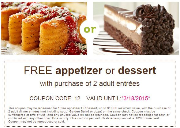 Olive Garden Free Appetizer Coupon
 Free Appetizer or Dessert at Olive Garden