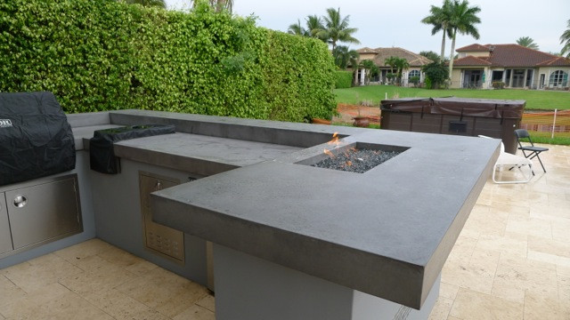 Outdoor Kitchen Concrete Countertop
 Firepits built into Concrete Counter tops in Outdoor