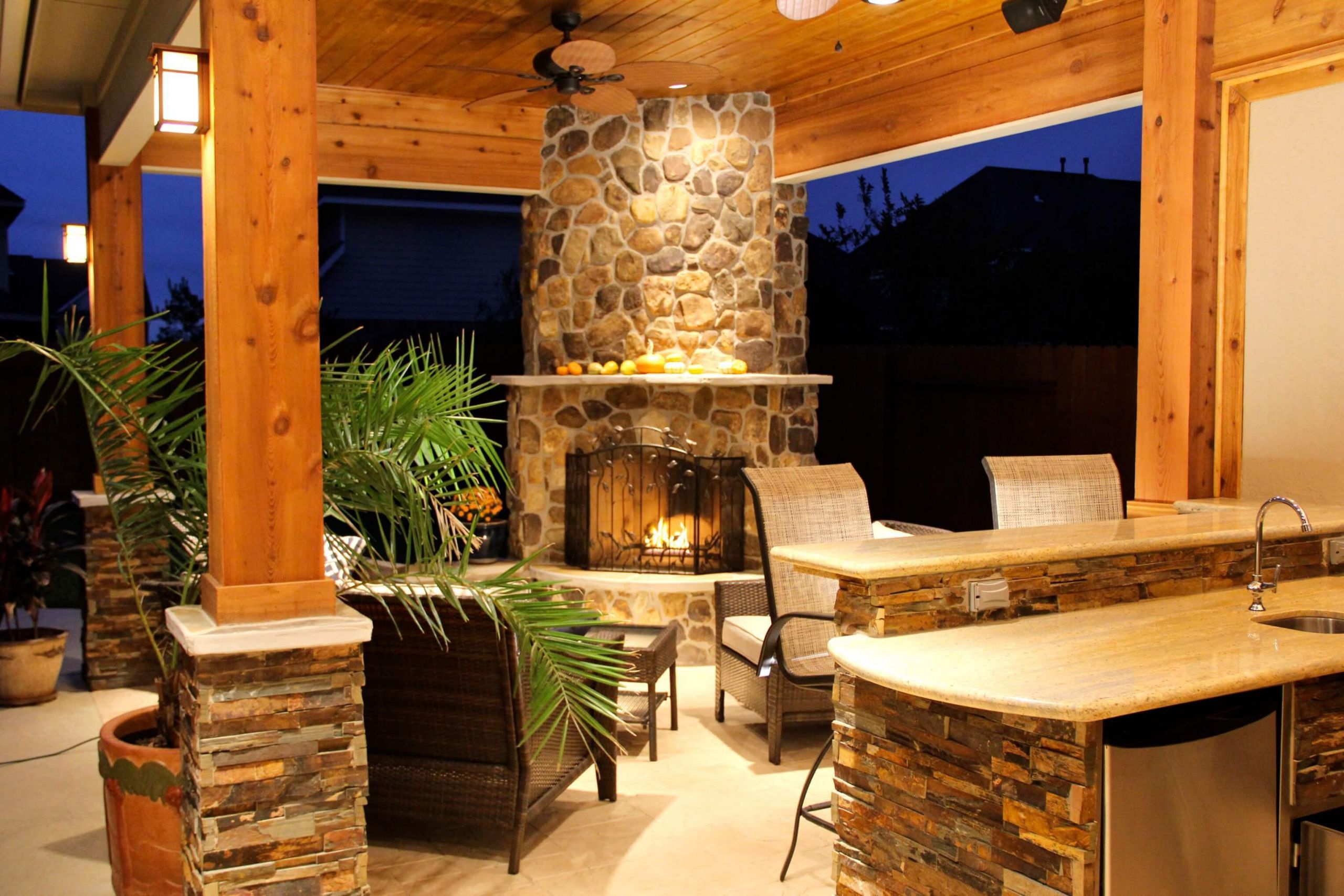 Outdoor Kitchen With Fireplace
 Patio Cover with Fireplace and Kitchen in Firethorne