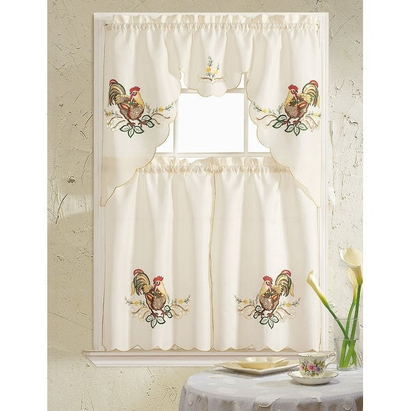 Overstock Kitchen Curtains
 Shop Rooster Embroidered 3 Piece Kitchen Curtain Swag