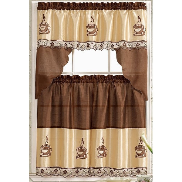 Overstock Kitchen Curtains
 Shop Coffee Embroidered Kitchen Curtain Tiers & Swag Set