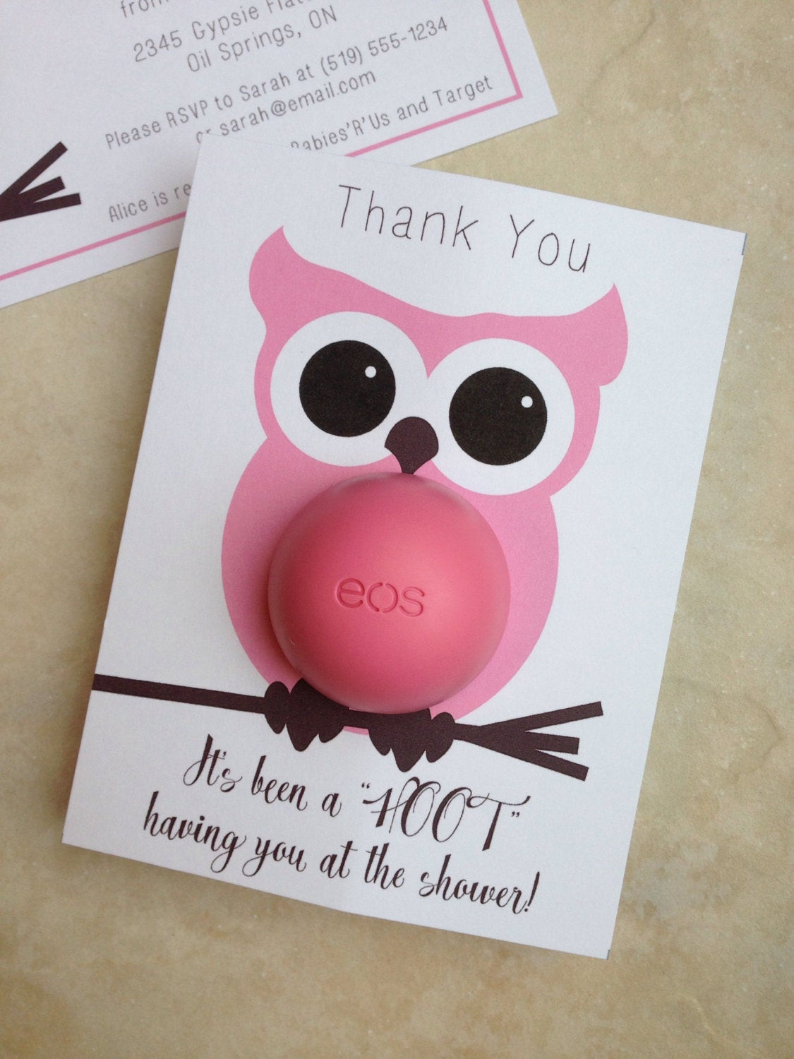 Owl Party Favors For Baby Shower
 Owl themed baby shower EOS lip balm party favor pink brown
