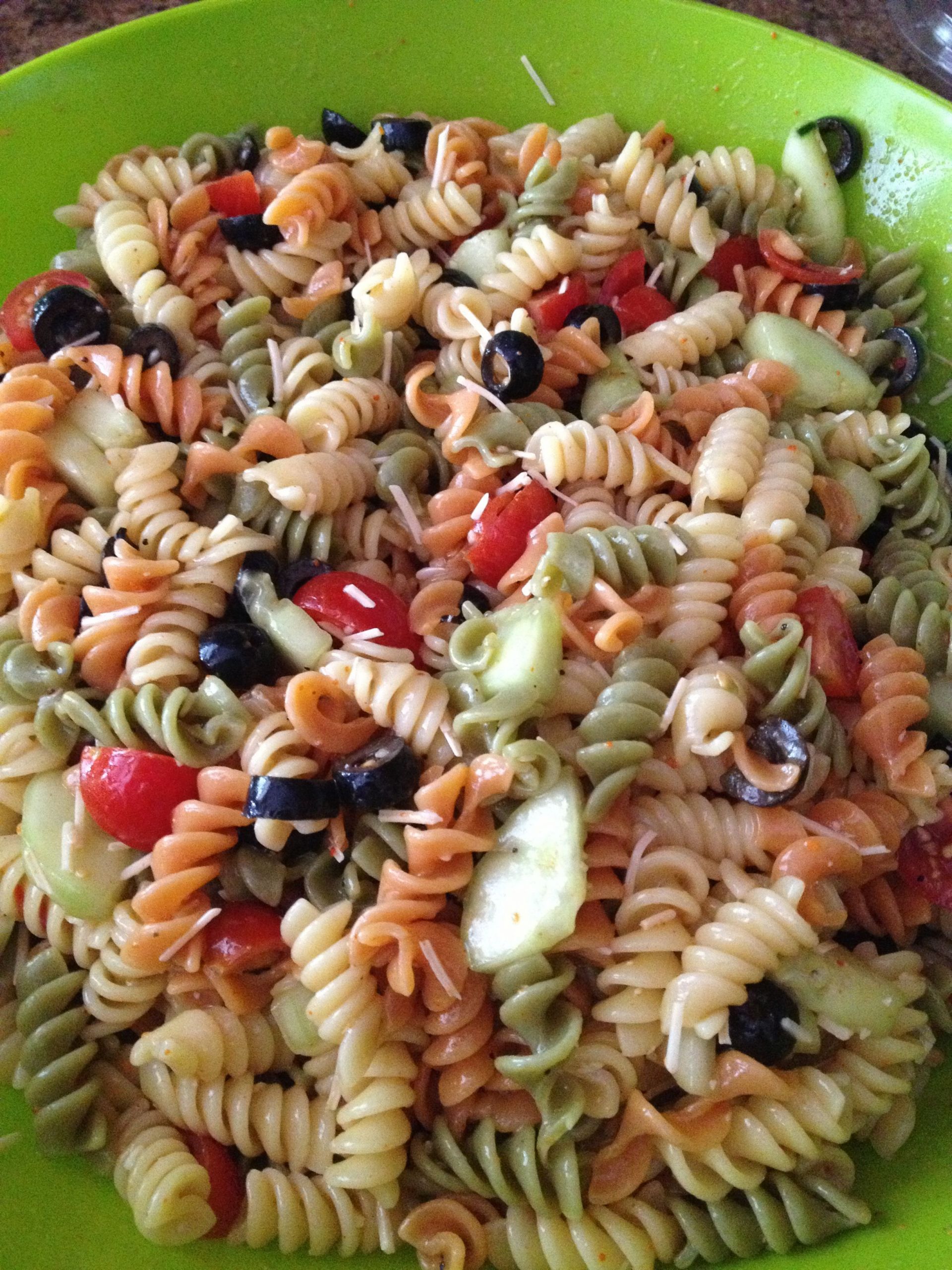 Pasta Salad With Italian Dressing And Cucumbers
 Pasta Salad Tri colored rotini black olives tomatoes