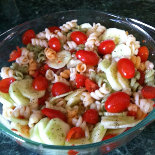 Pasta Salad With Italian Dressing And Cucumbers
 Pasta salad with light Italian dressing tomatoes