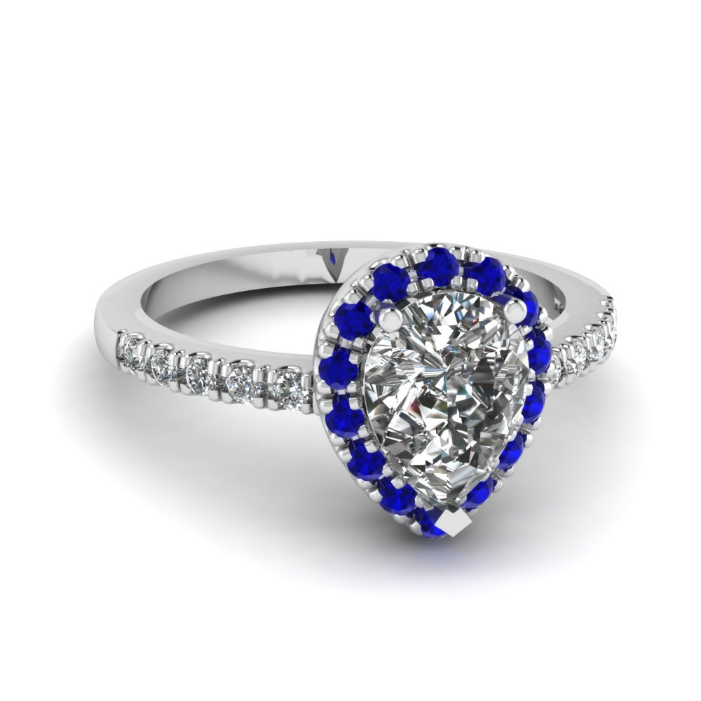 Pear Shaped Diamond Engagement Rings
 Pear Shaped Halo Diamond Engagement Ring With Sapphire In