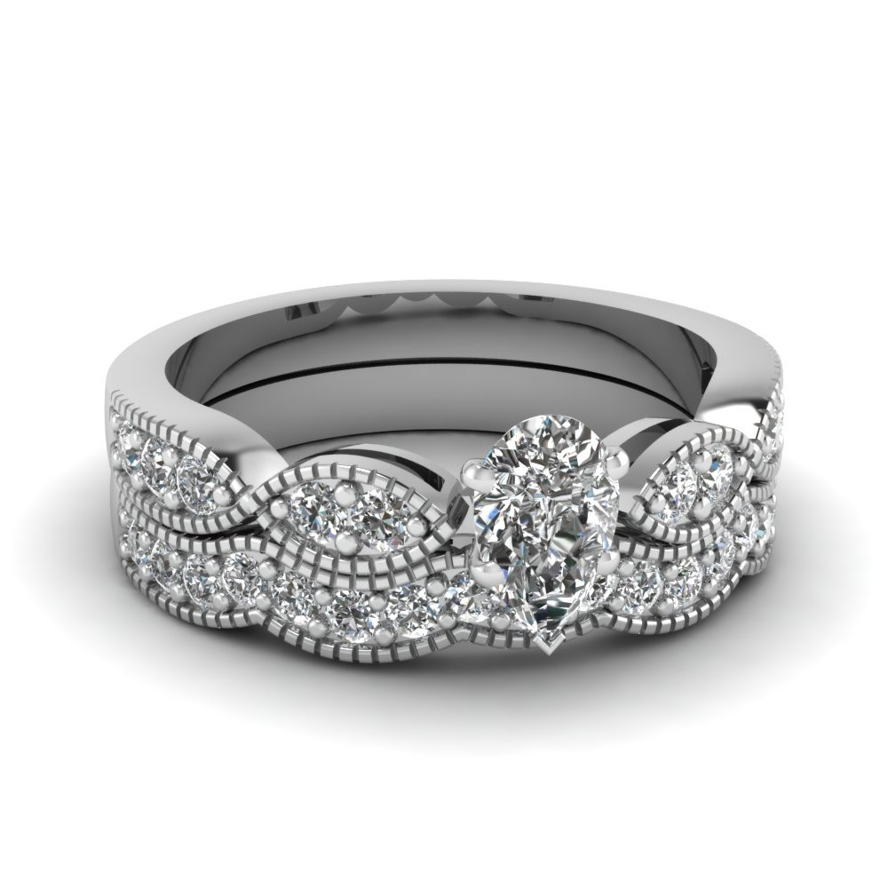 Pear Shaped Wedding Ring Sets
 Pear Shaped Diamond Milgrain Weave Wedding Set In 950
