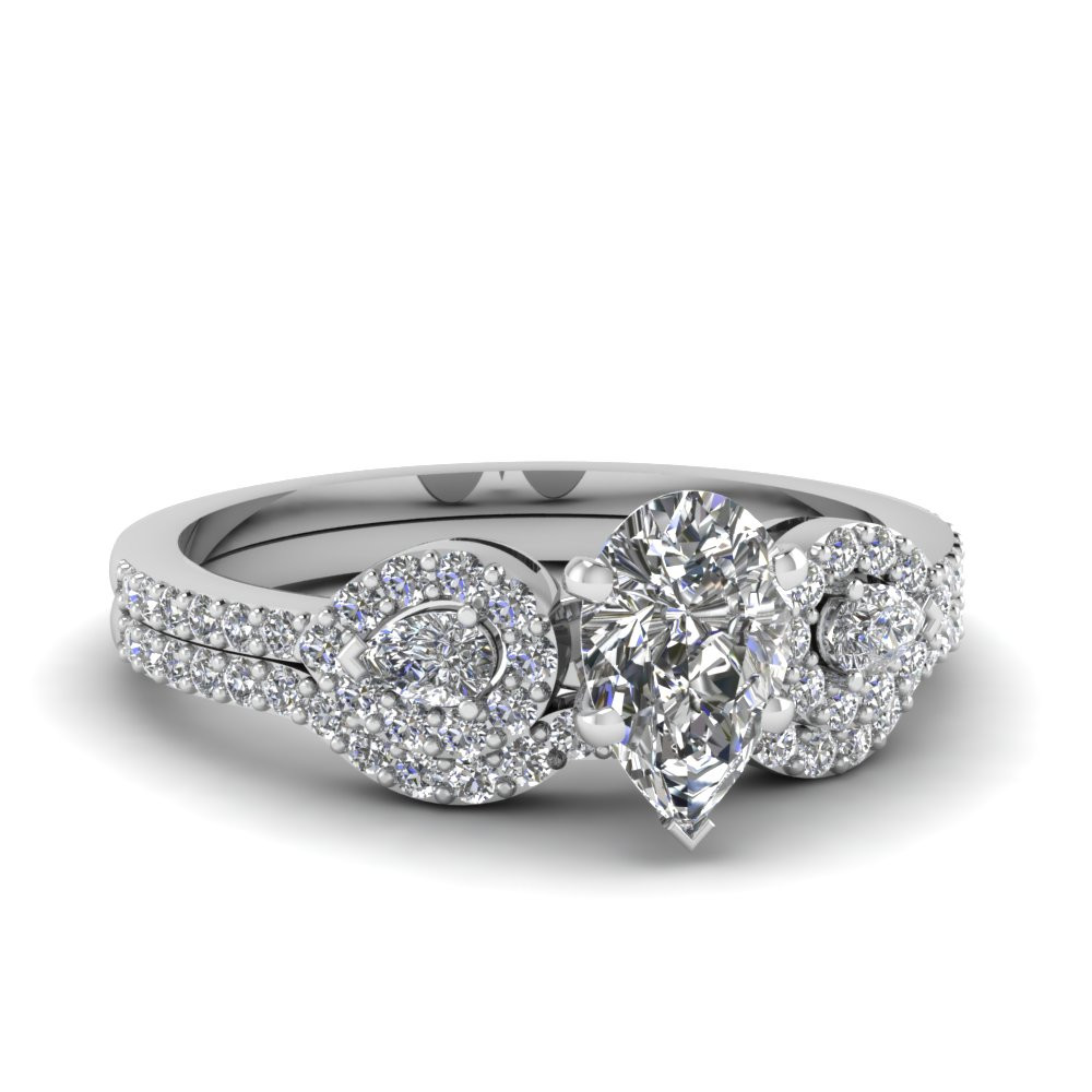 Pear Shaped Wedding Ring Sets
 Pear Shaped Diamond Drop Wedding Set In 14K White Gold