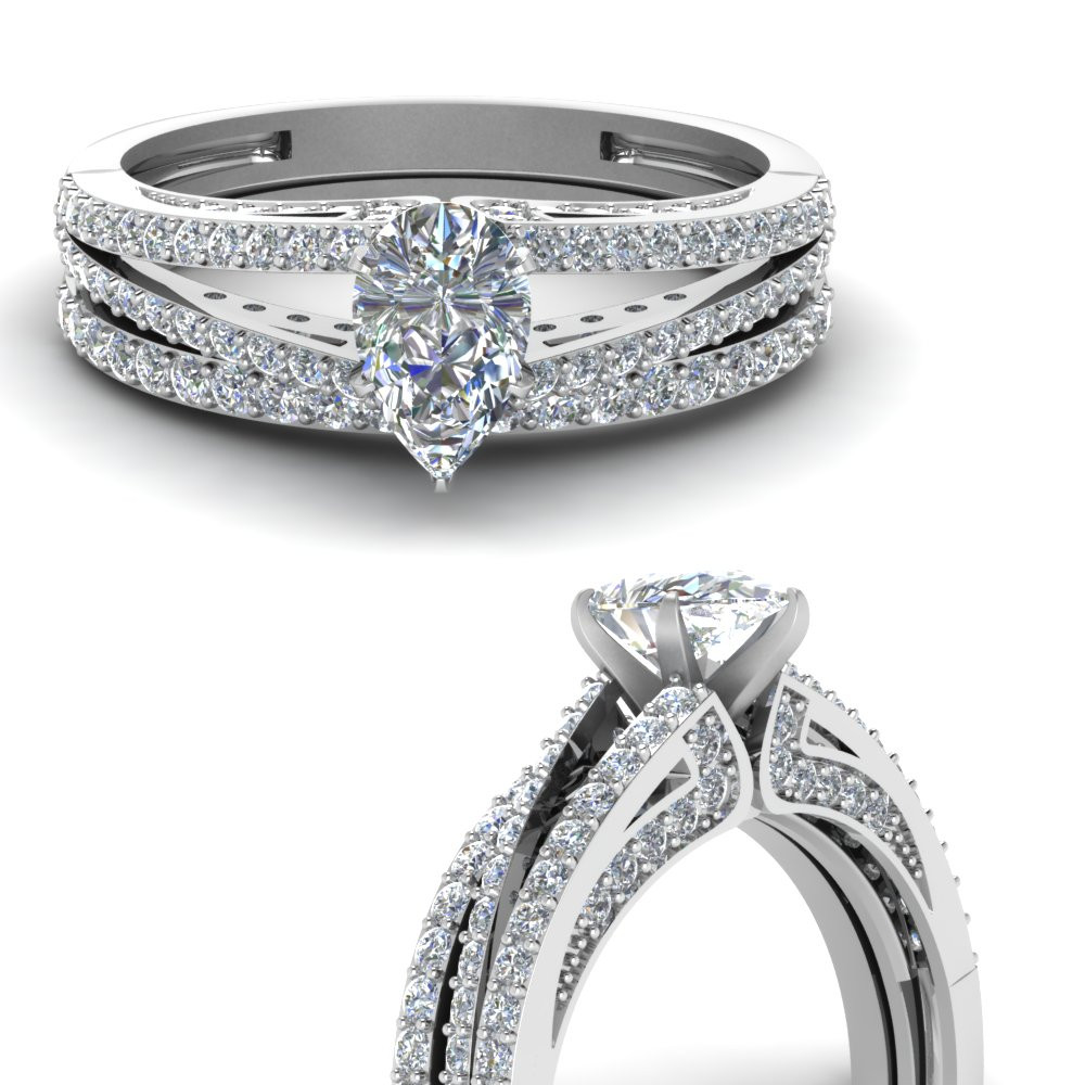 Pear Shaped Wedding Ring Sets
 Pear Shaped Diamond Wedding Ring Set In 14K White Gold
