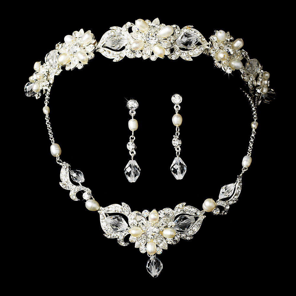 Pearl Bridal Jewelry Sets
 Silver or Gold Swarovski Crystal Freshwater Pearl Tiara
