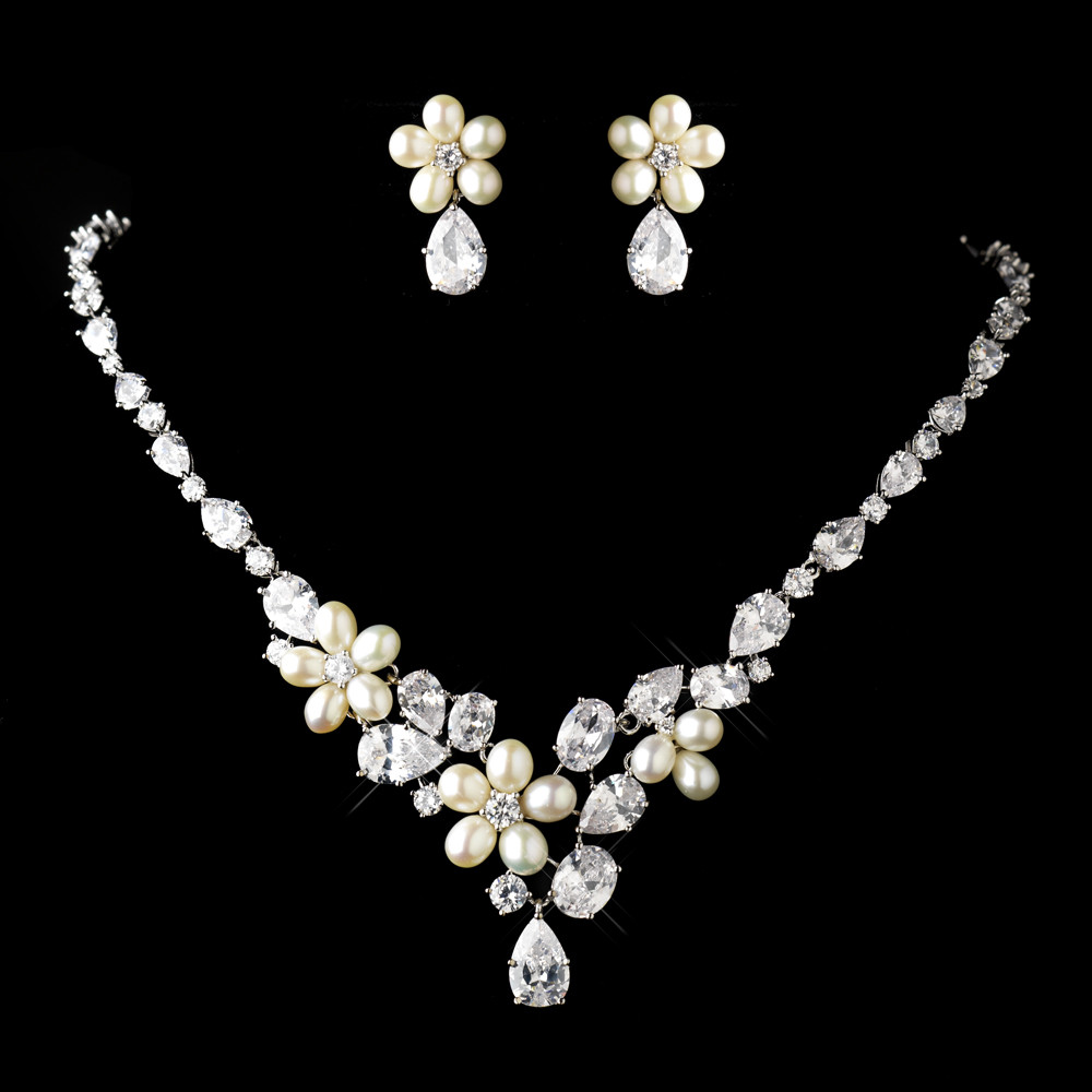 Pearl Bridal Jewelry Sets
 Antique Silver CZ & Pearl Wedding Jewelry Set Elegant