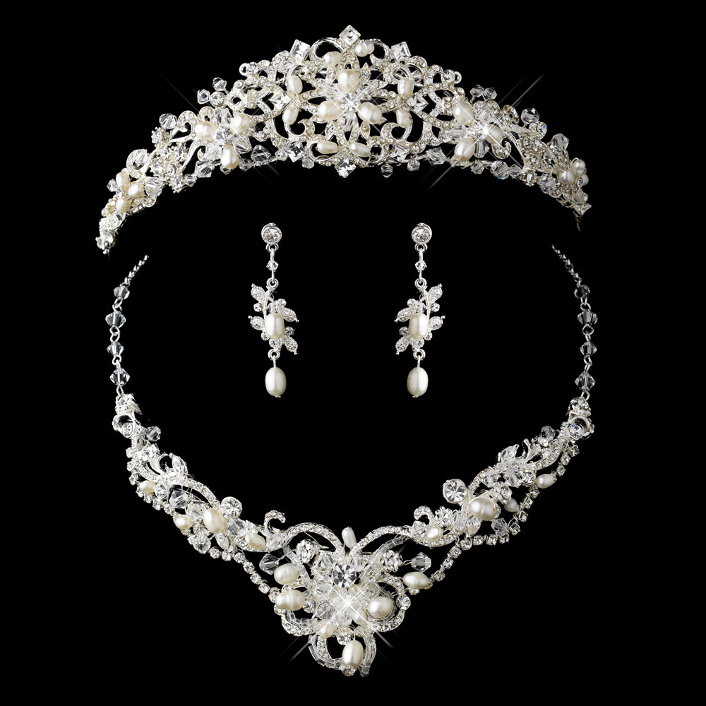 Pearl Bridal Jewelry Sets
 Freshwater Pearl and Crystal Bridal Tiara Necklace Set