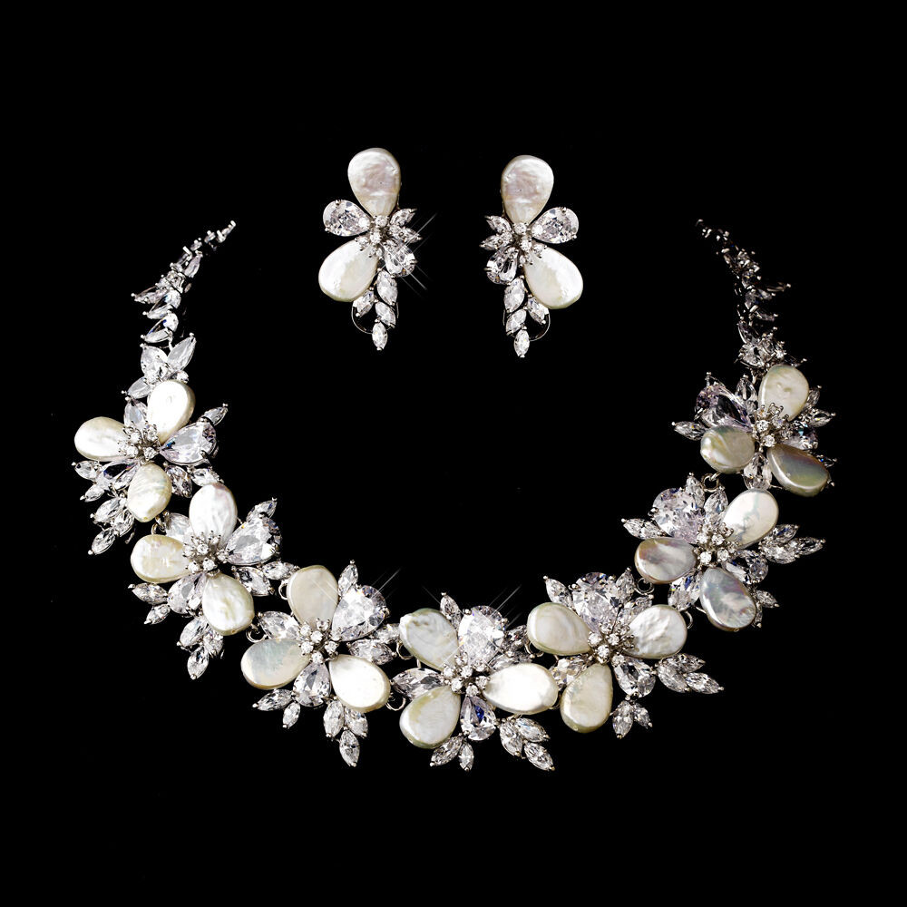 Pearl Bridal Jewelry Sets
 Silver Keshi Pearl Floral Crystal Bridal Necklace Earring
