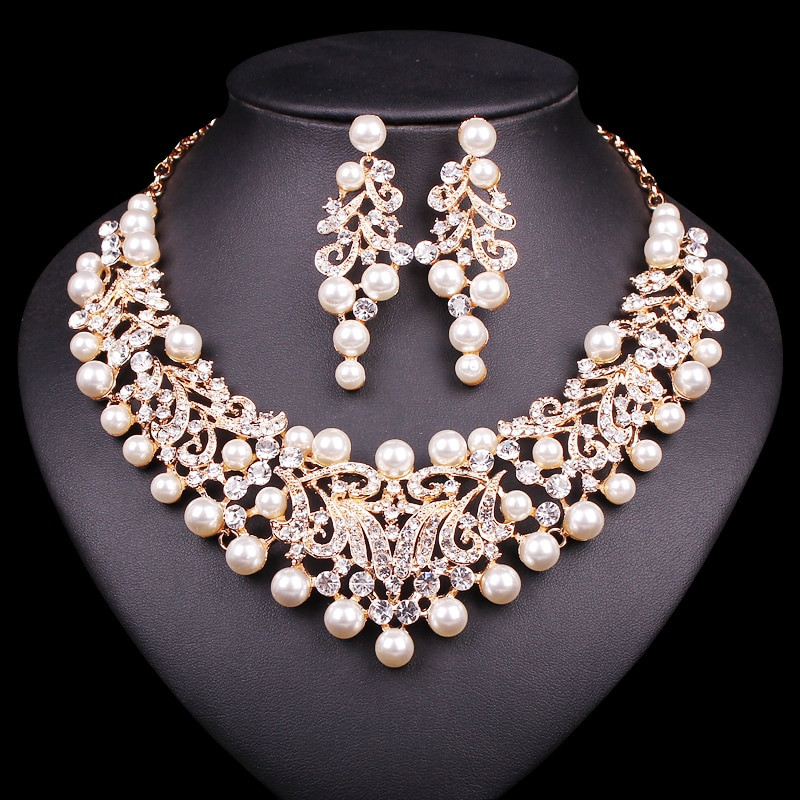 Pearl Bridal Jewelry Sets
 Gold Color Imitation Pearl Wedding Necklace Earrings Sets