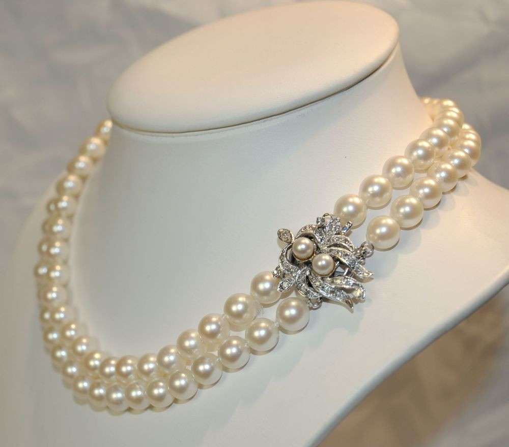 Pearl Necklace Value
 VINTAGE SALTWATER 7 5MM DOUBLE STRAND PEARL & DIAMOND